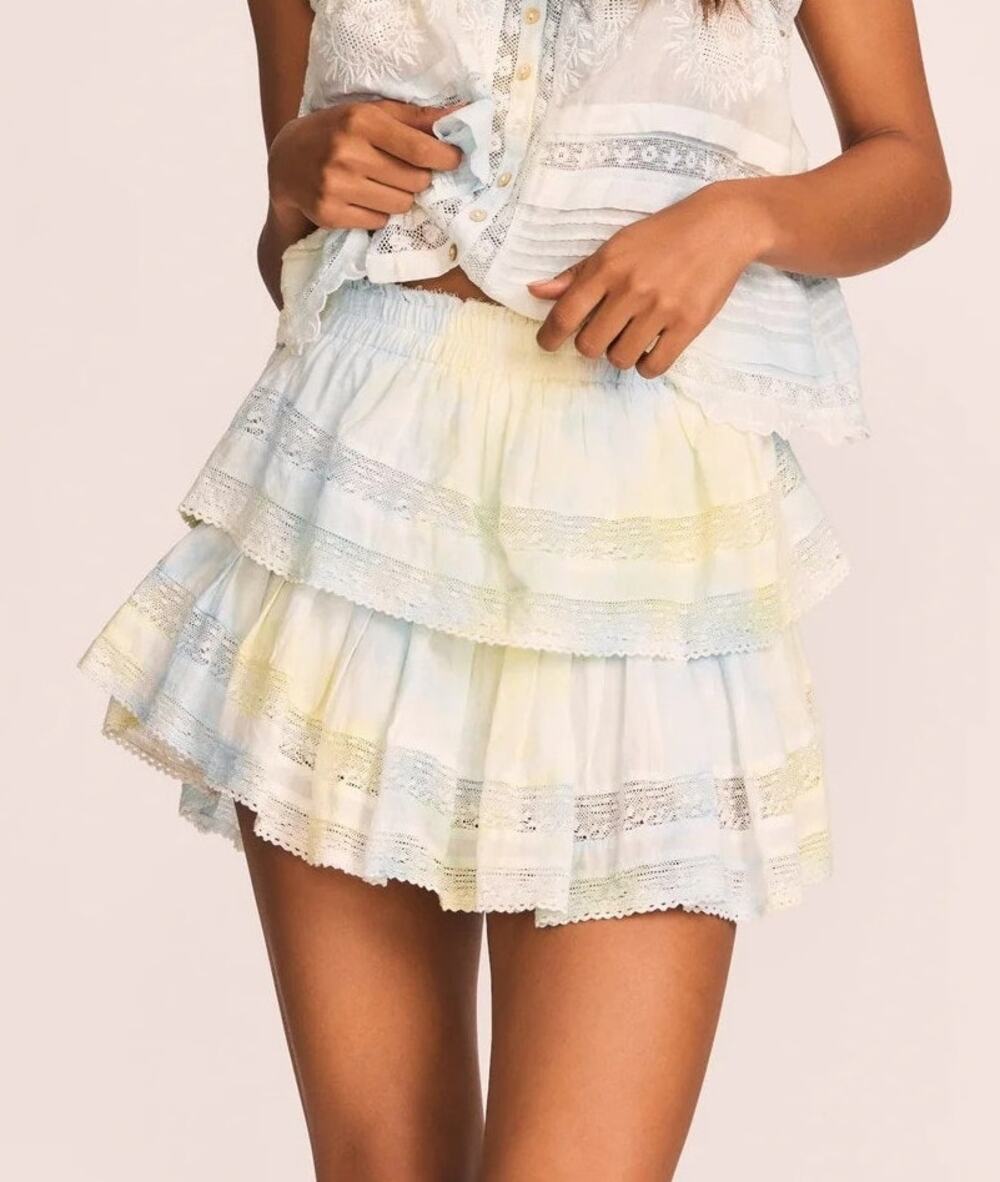 LoveShackFancy Coquette Tiered Ruffle Mini Skirt Womens S Pastel Tie Dye Y2K